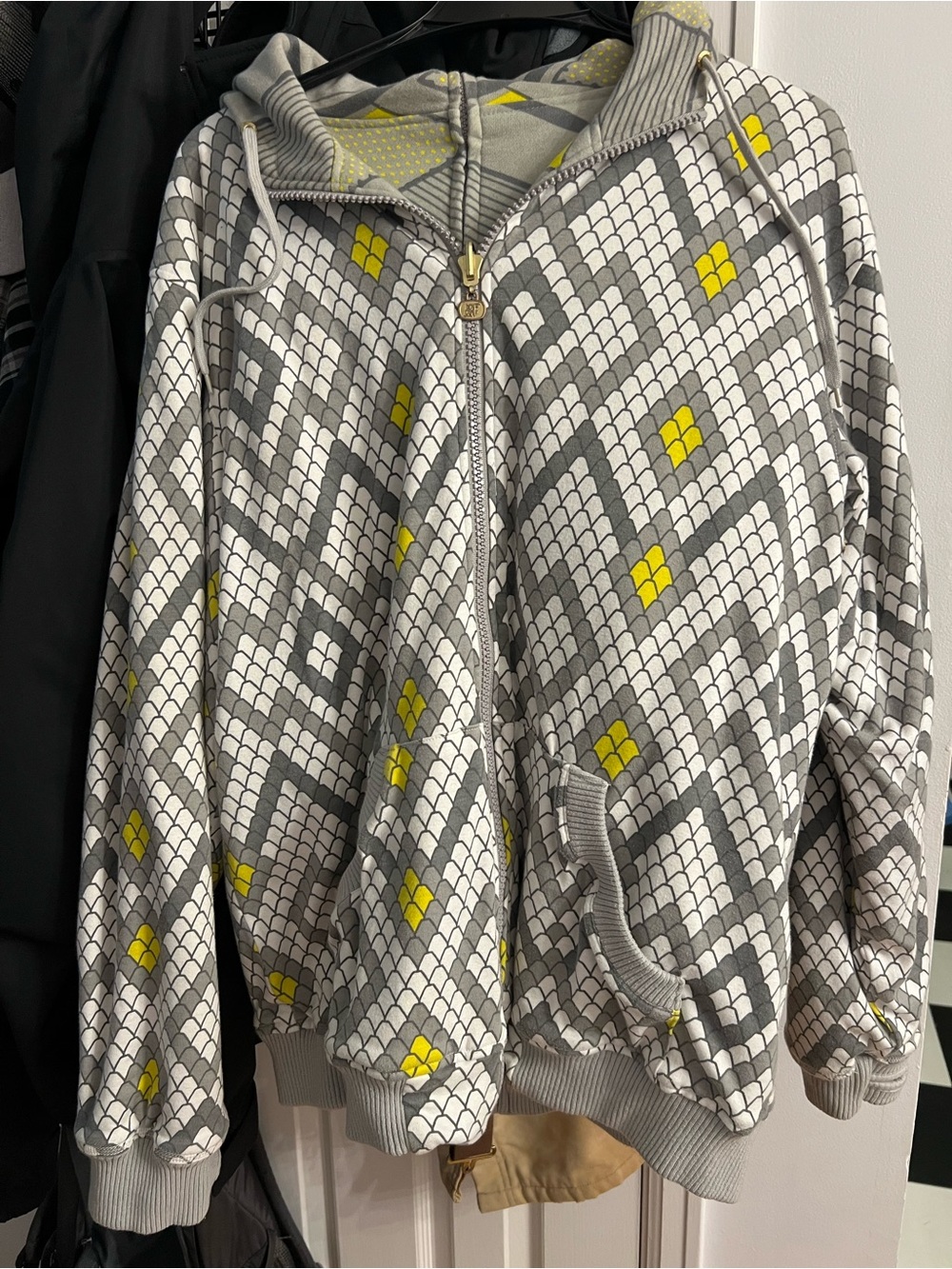 Y2K Empyre Reversible All-Over Print Zip Up Hoodie Neon Yellow Grey Size XL